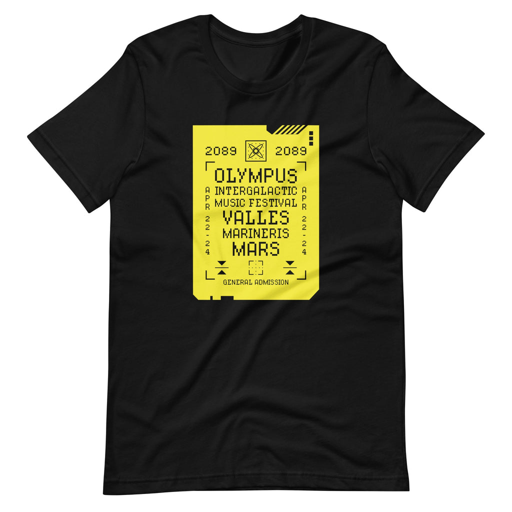 2089 OLYMPUS INTERGALACTIC MUSIC FESTIVAL (SULFURIC YELLOW) t-shirt Embattled Clothing Black XS 