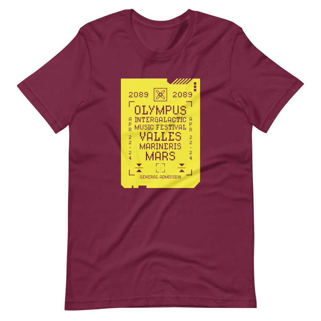 2089 OLYMPUS INTERGALACTIC MUSIC FESTIVAL (SULFURIC YELLOW) t-shirt Embattled Clothing Maroon XS 