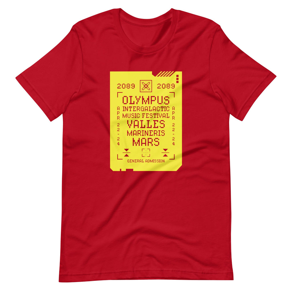 2089 OLYMPUS INTERGALACTIC MUSIC FESTIVAL (SULFURIC YELLOW) t-shirt Embattled Clothing Red XS 