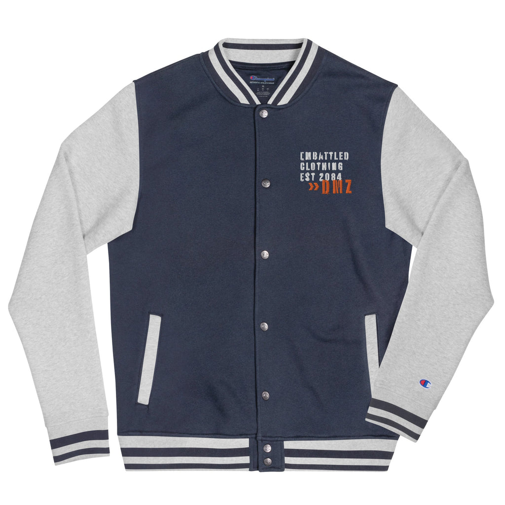 EMBATTLED CLOTHING EST 2084 - NO MORE WAR Embroidered Champion Bomber Jacket Embattled Clothing Navy/ Oxford Grey S 