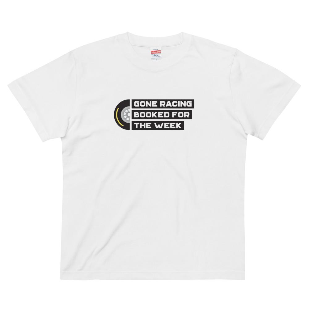 GONE RACING BOOKED FOR THE WEEK Badge quality tee Embattled Clothing White S 