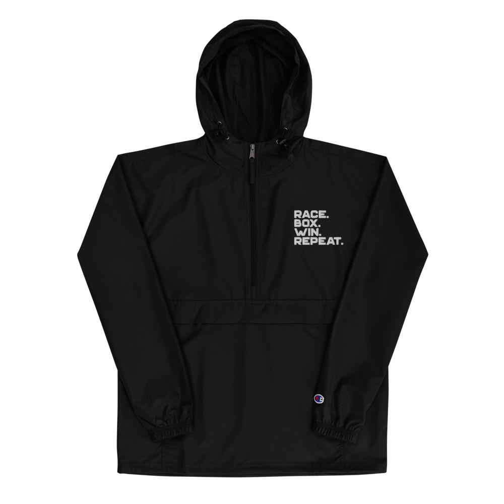 RACE. BOX. WIN. REPEAT. Embroidered Champion Packable Jacket Embattled Clothing Black S 