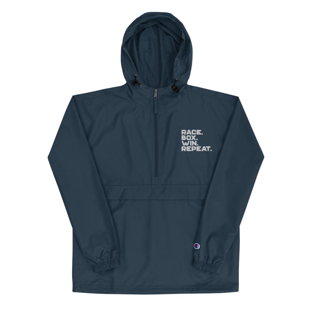 RACE. BOX. WIN. REPEAT. Embroidered Champion Packable Jacket Embattled Clothing Navy S 