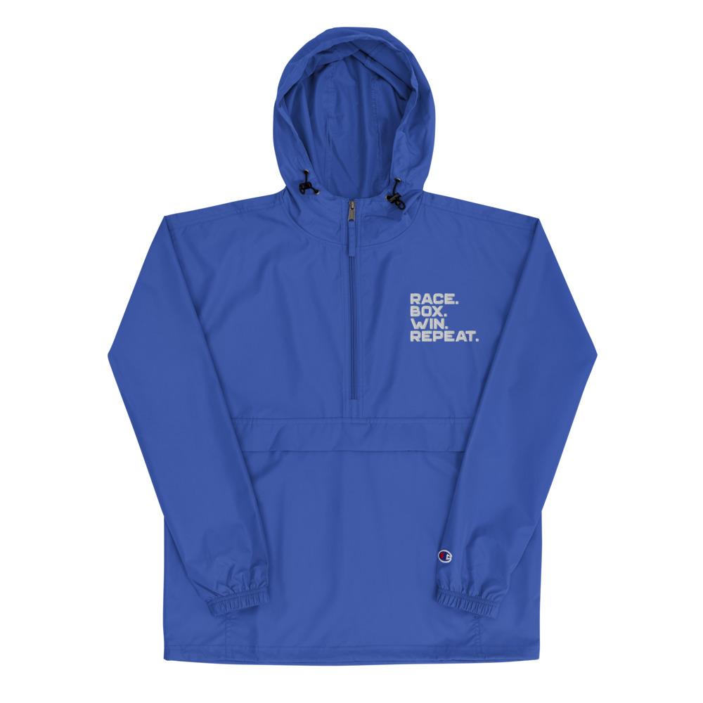 RACE. BOX. WIN. REPEAT. Embroidered Champion Packable Jacket Embattled Clothing Royal Blue S 
