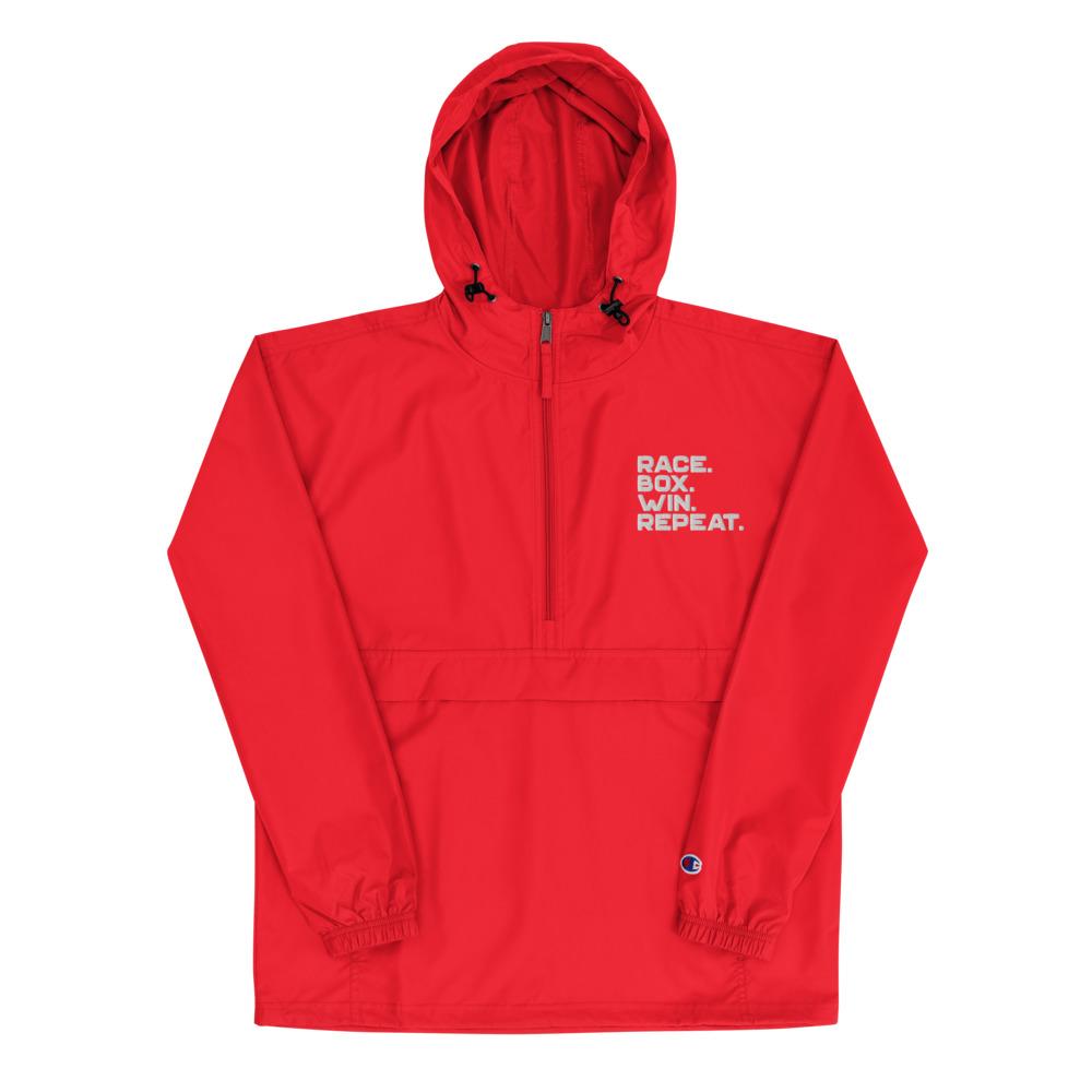 RACE. BOX. WIN. REPEAT. Embroidered Champion Packable Jacket Embattled Clothing Scarlet S 