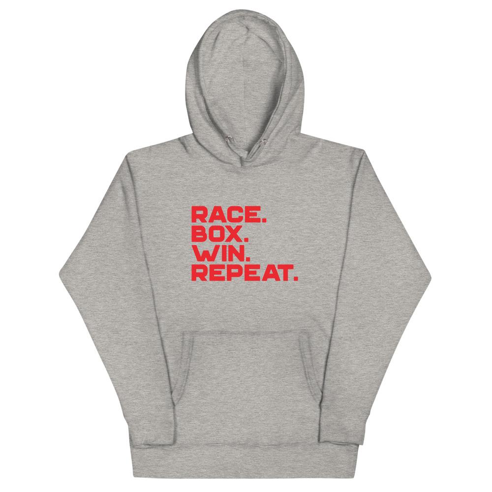 RACE. BOX. WIN. REPEAT. (LASER RED) Hoodie Embattled Clothing Carbon Grey S 