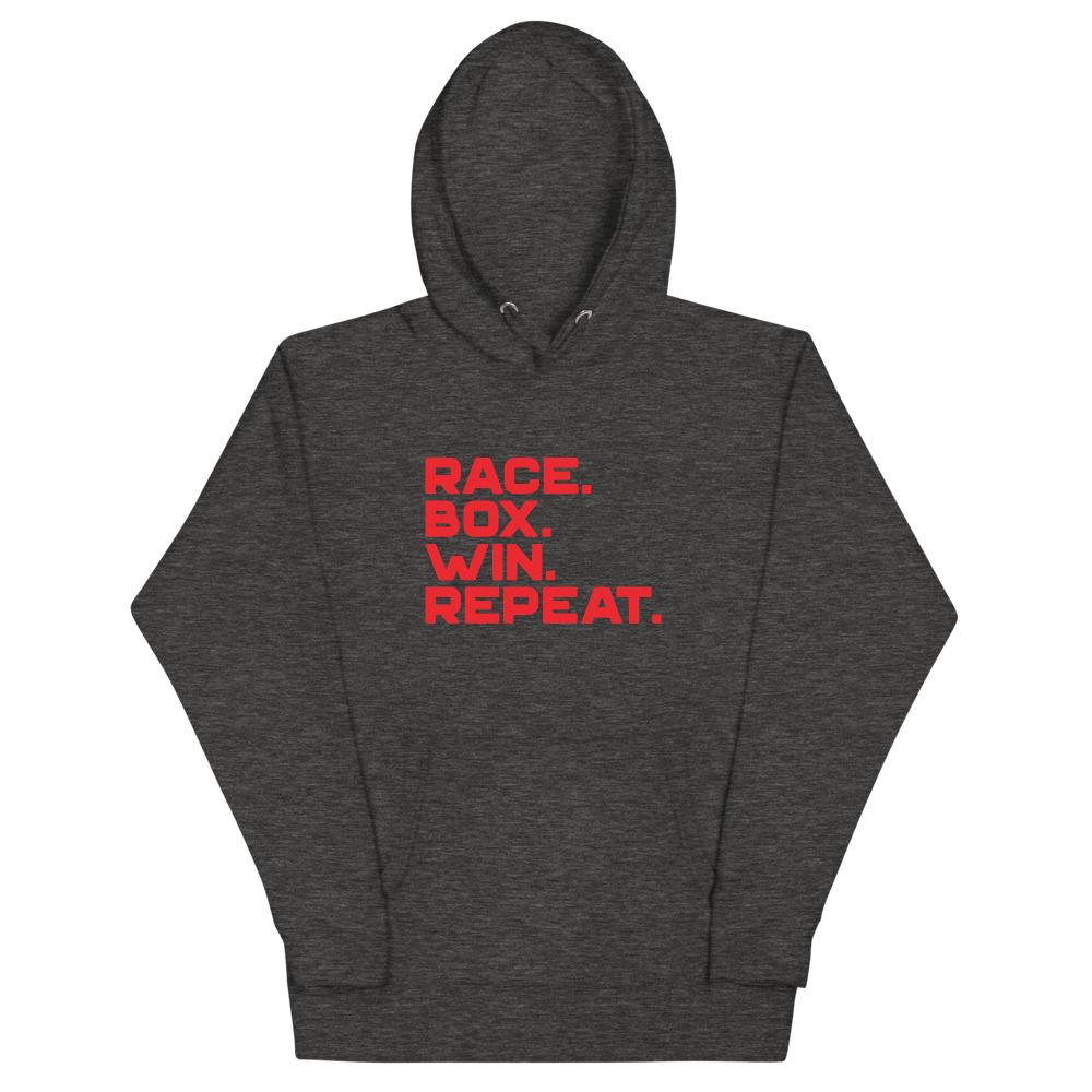 RACE. BOX. WIN. REPEAT. (LASER RED) Hoodie Embattled Clothing Charcoal Heather S 