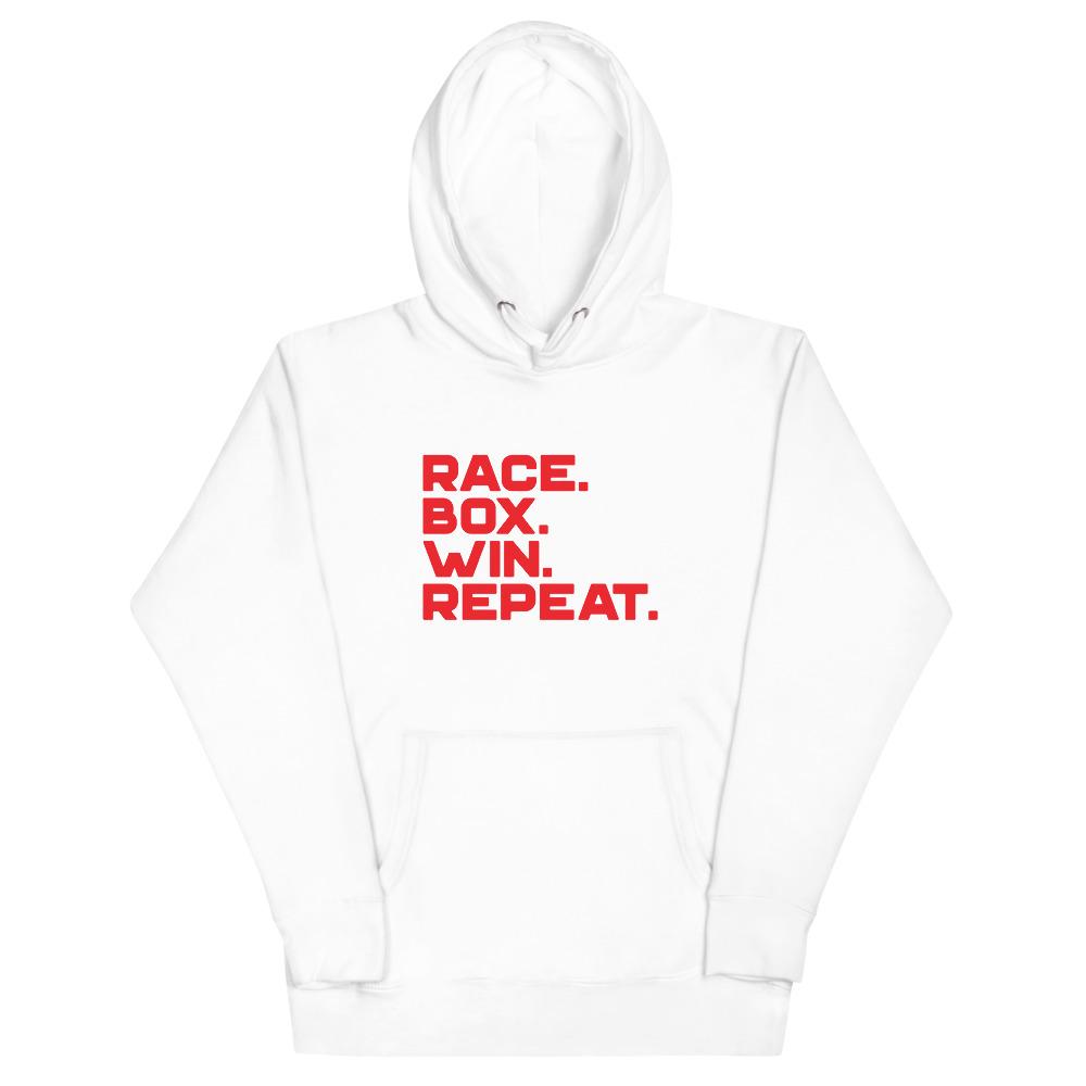RACE. BOX. WIN. REPEAT. (LASER RED) Hoodie Embattled Clothing White S 