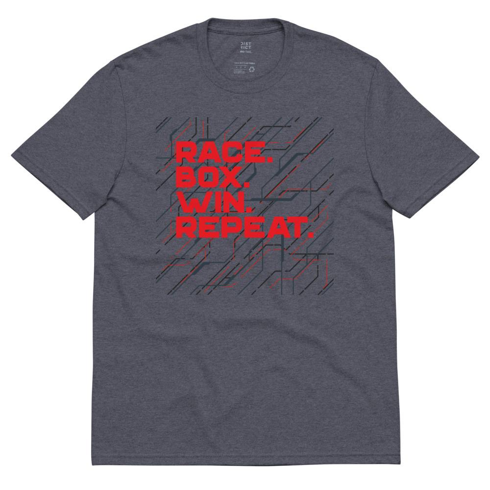RACE. BOX. WIN. REPEAT. (LASER RED TECH) recycled t-shirt Embattled Clothing Heathered Navy S 