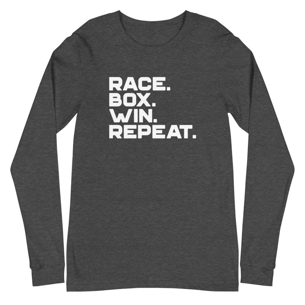 RACE. BOX. WIN. REPEAT. Long Sleeve Tee Embattled Clothing Dark Grey Heather XS 