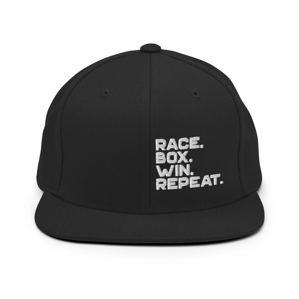 RACE. BOX. WIN. REPEAT. Snapback Hat Embattled Clothing Black 