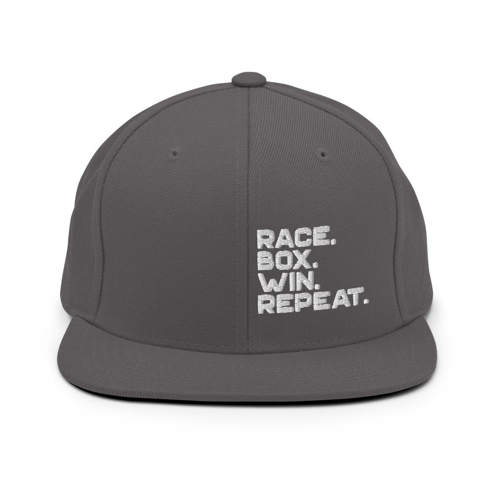 RACE. BOX. WIN. REPEAT. Snapback Hat Embattled Clothing Dark Grey 