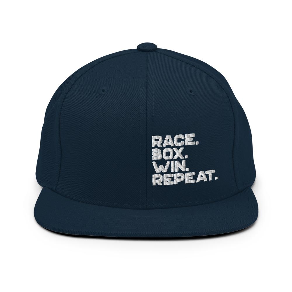RACE. BOX. WIN. REPEAT. Snapback Hat Embattled Clothing Dark Navy 