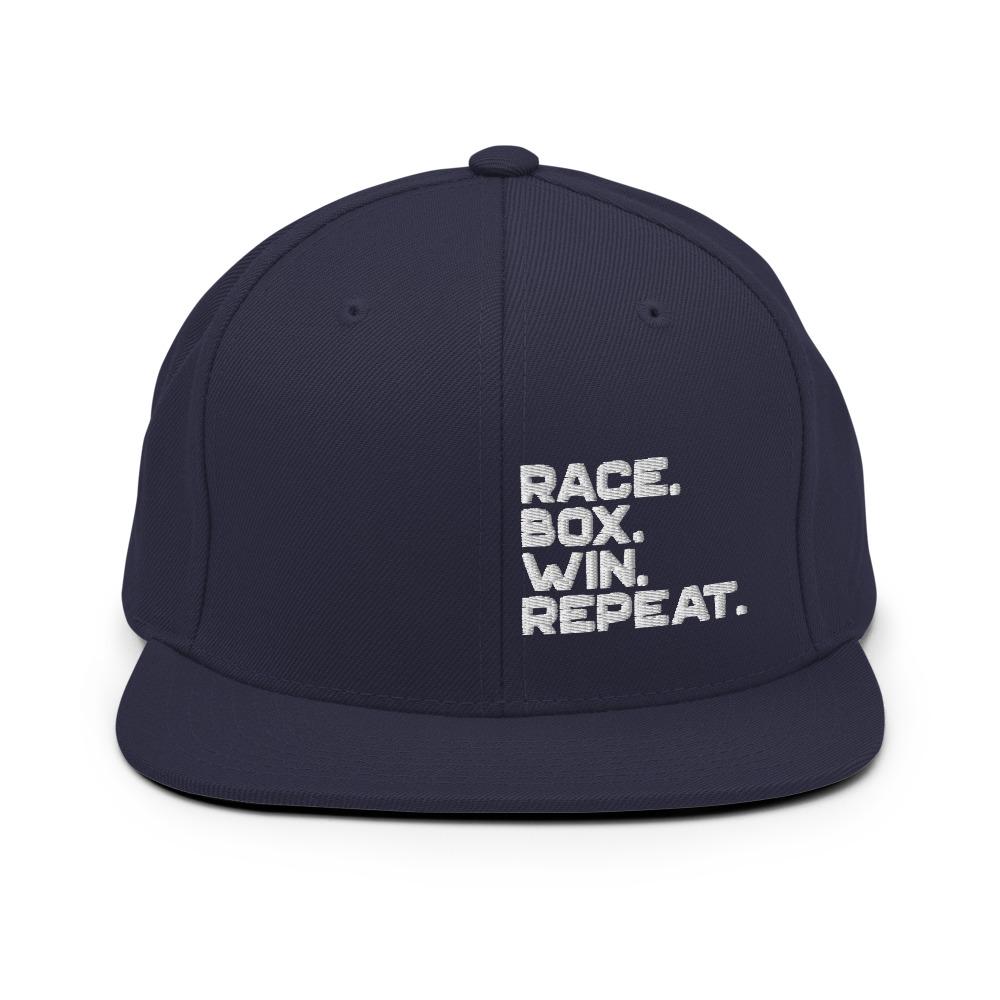 RACE. BOX. WIN. REPEAT. Snapback Hat Embattled Clothing Navy 