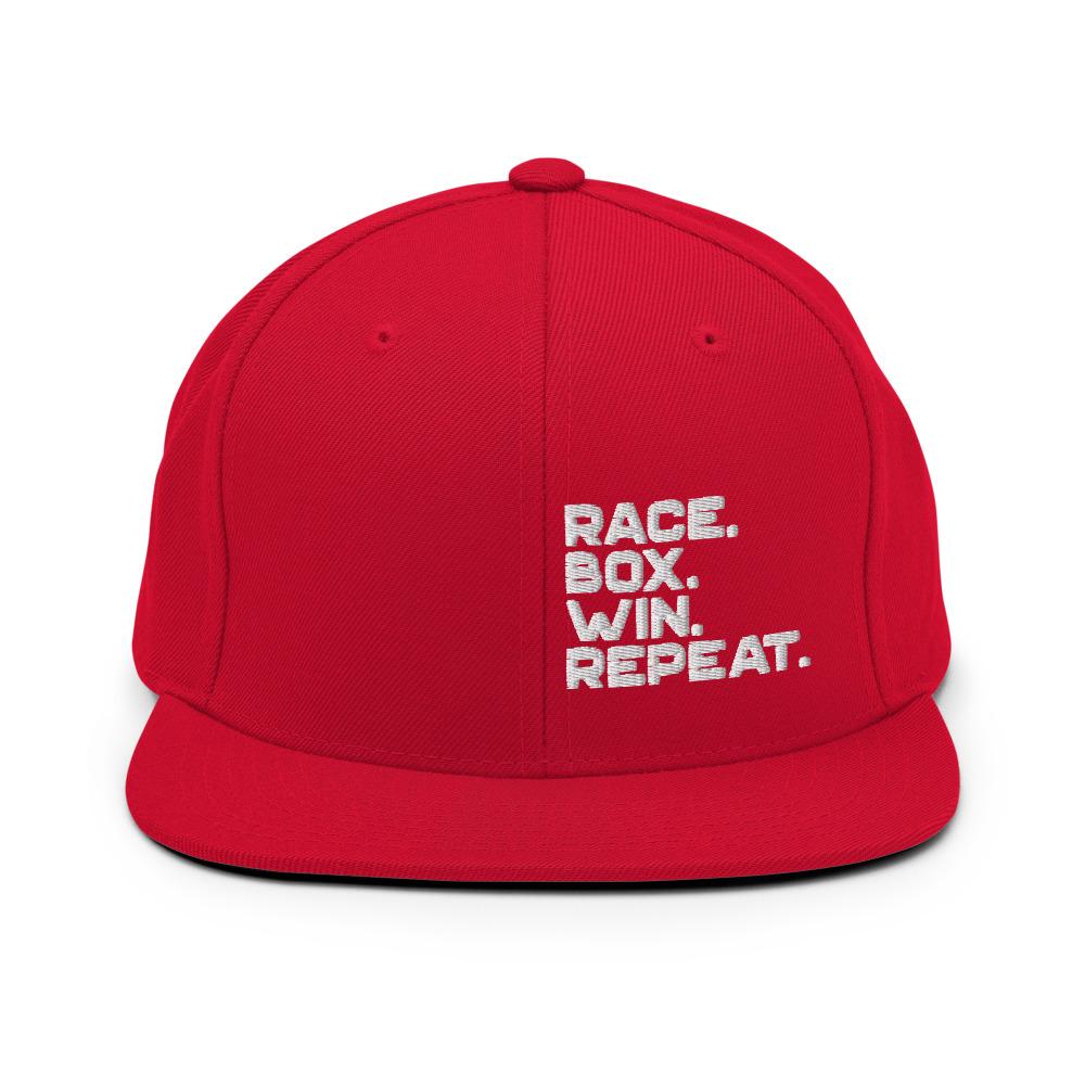 RACE. BOX. WIN. REPEAT. Snapback Hat Embattled Clothing Red 