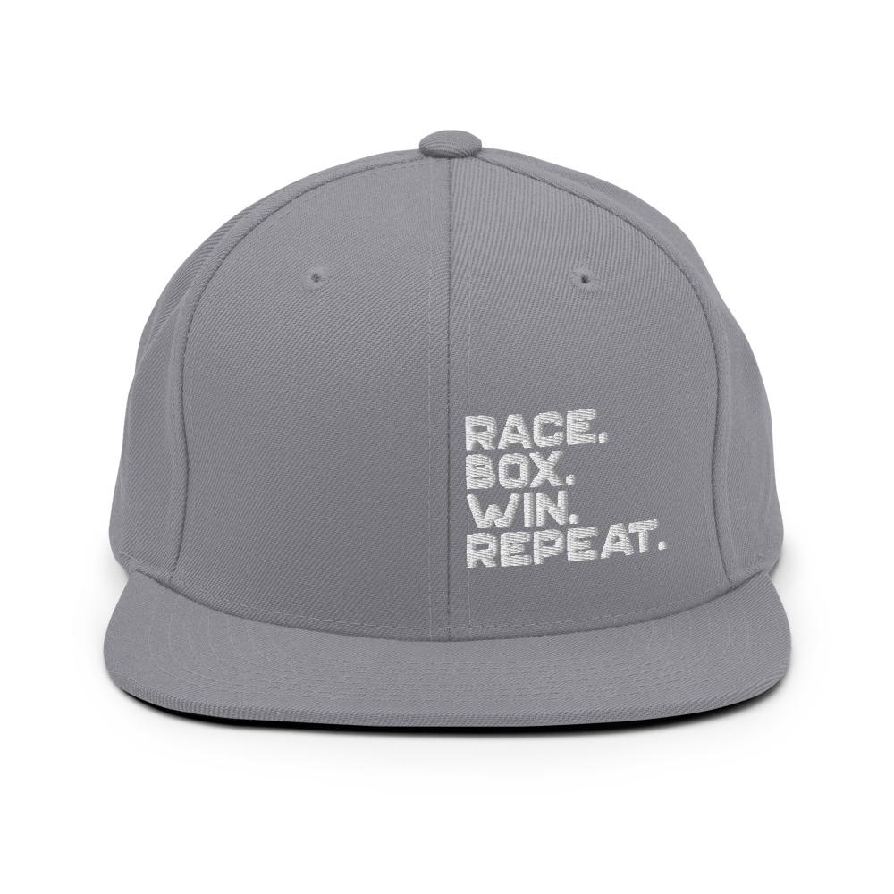 RACE. BOX. WIN. REPEAT. Snapback Hat Embattled Clothing Silver 