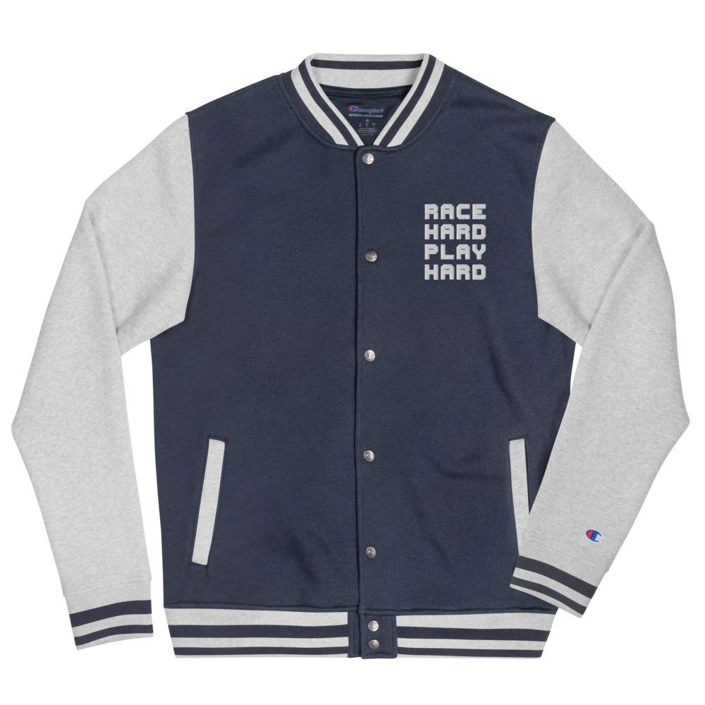 RACE HARD PLAY HARD Embroidered Champion Bomber Jacket Embattled Clothing Navy/ Oxford Grey S 
