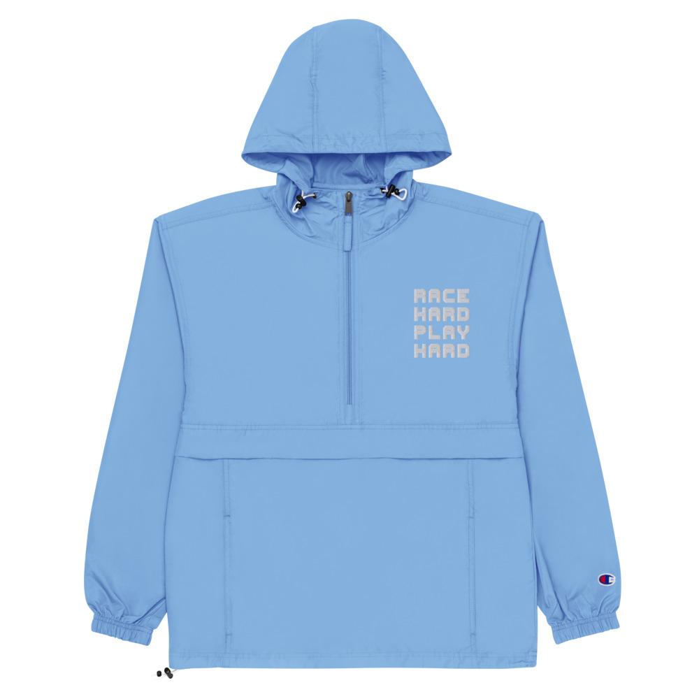 RACE HARD PLAY HARD Embroidered Champion Packable Jacket Embattled Clothing Light Blue S 