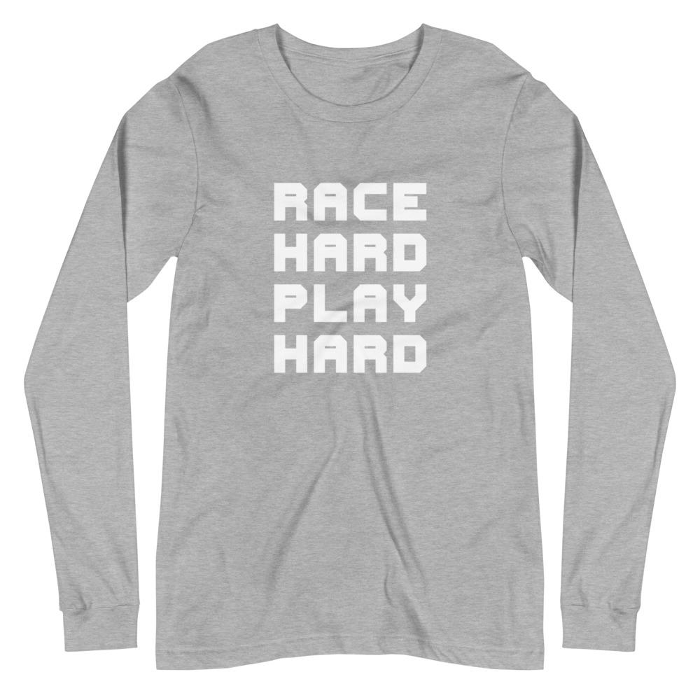 RACE HARD PLAY HARD Long Sleeve Tee Embattled Clothing Athletic Heather XS 
