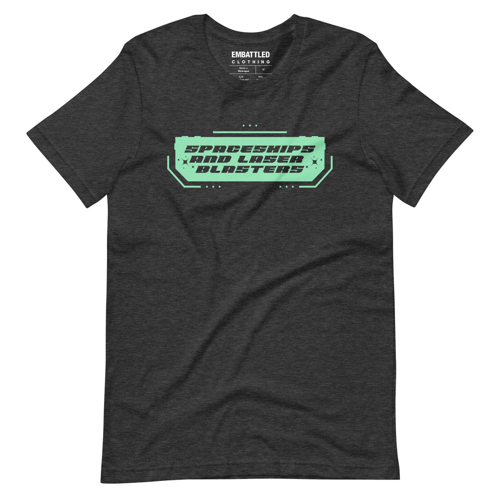 SPACESHIPS AND LASER BLASTERS (Galactic Teal) t-shirt Embattled Clothing Dark Grey Heather XS 
