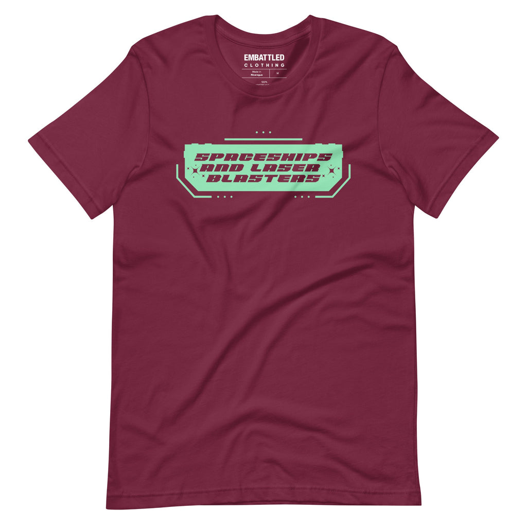 SPACESHIPS AND LASER BLASTERS (Galactic Teal) t-shirt Embattled Clothing Maroon XS 