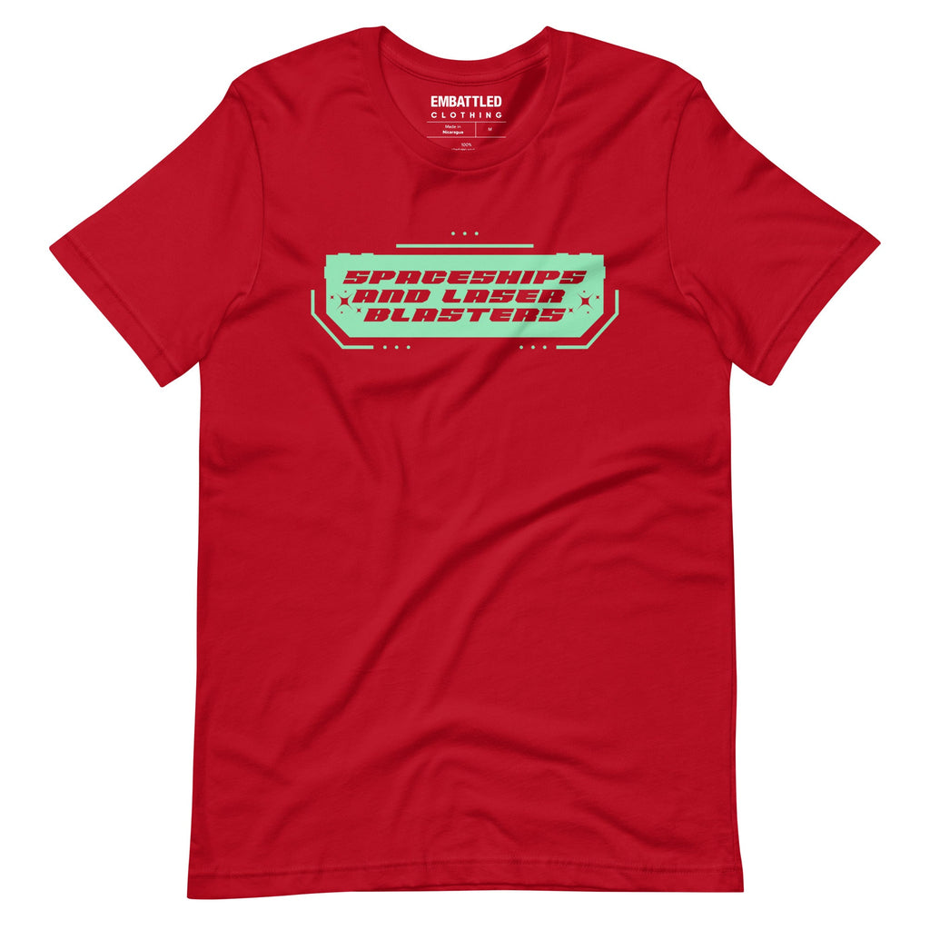 SPACESHIPS AND LASER BLASTERS (Galactic Teal) t-shirt Embattled Clothing Red XS 