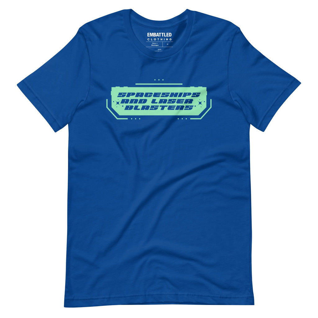 SPACESHIPS AND LASER BLASTERS (Galactic Teal) t-shirt Embattled Clothing True Royal S 